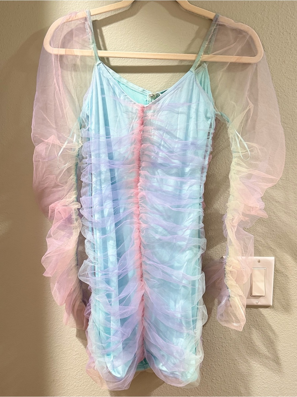 Pastel Ruched Mesh Slip Dress in Light Blue & Pink